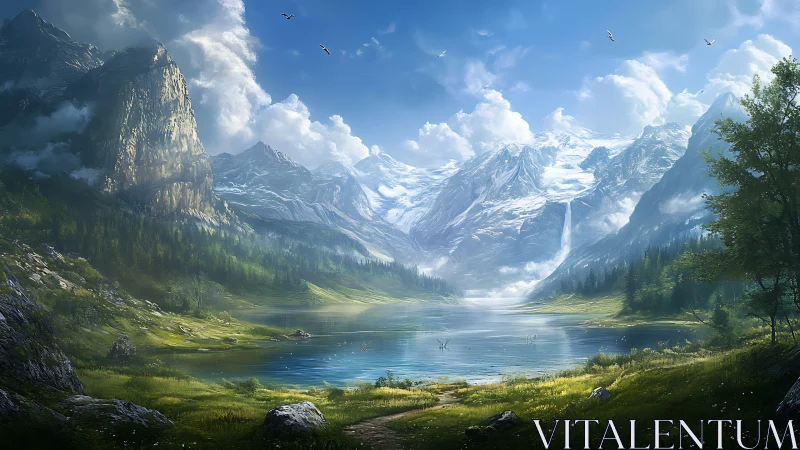 Sunlit alpine lake rests beneath towering snow peaks