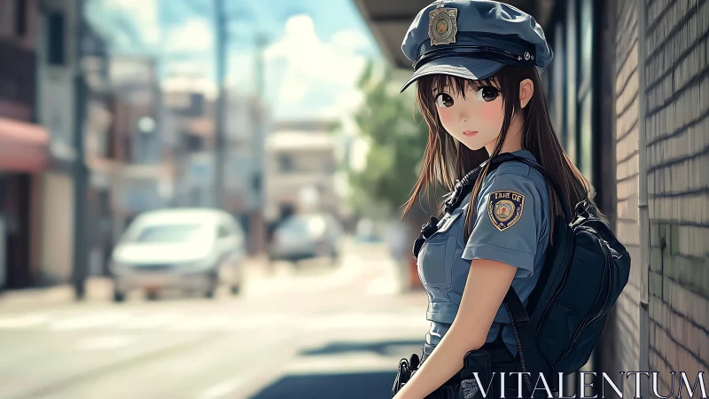 Urban street patrol anime officer in shallow depth focus.