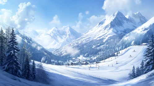 Snow-covered alpine ski valley with layered atmospheric depth