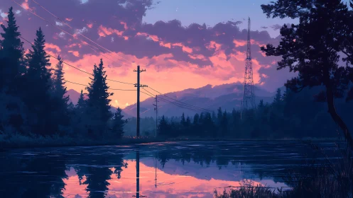 Digital painting twilight lake with powerlines reflection study.