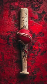 Weathered bat and red ball against gritty scarlet wall.