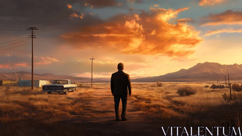 Solitary suited figure confronts vast desert highway at sunset
