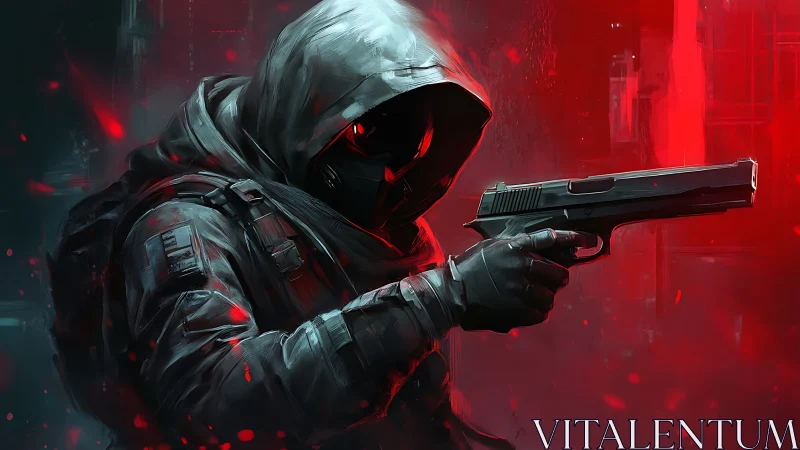 Hooded tactical gunman aims pistol in neon red haze