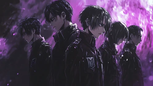 Moody anime lineup under violet backlit atmospheric field.