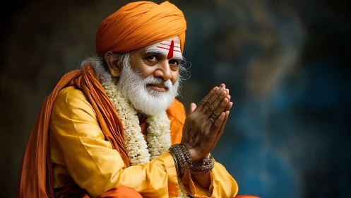 Photorealistic portrait of elderly guru in folded-hand pose.