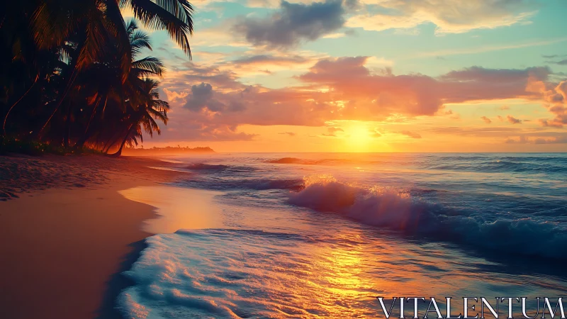Tropical shoreline sunset with vivid reflections and surf glow.