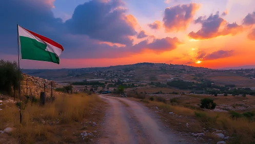 Sunset road winds through rural hills beneath a proud flag