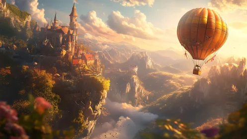 Sunlit hot air balloon drifting above a cliffside castle.