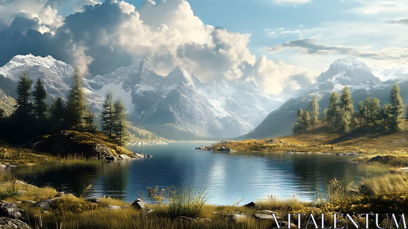 Mountain lake reflects snow peaks under stormlit sky.