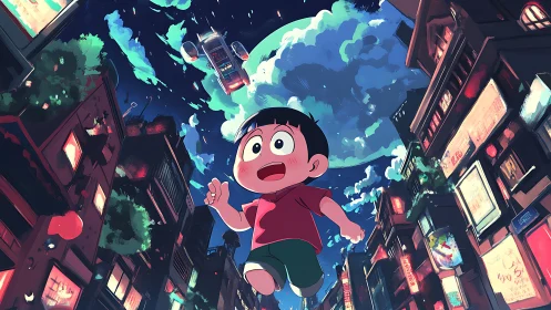 Boy soars over neon city under giant moonlit sky