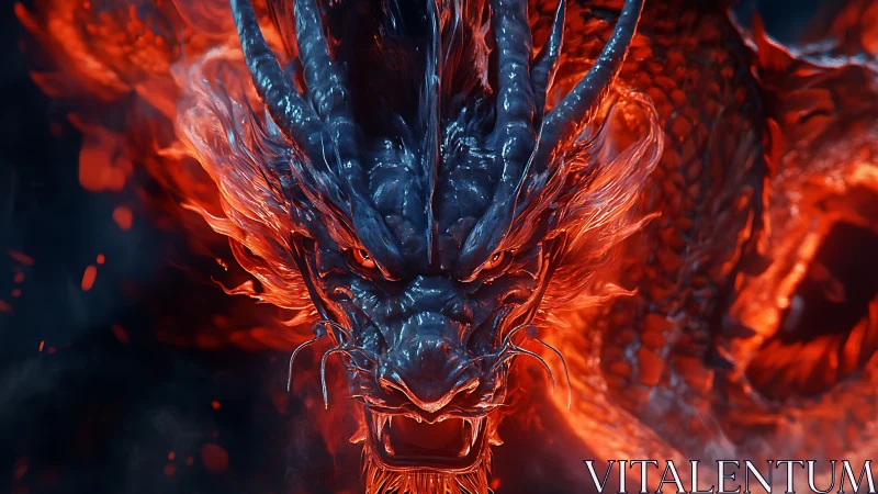 3D infernal dragon portrait with dynamic frontal composition.