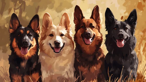 Four joyful shepherd dogs pose in warm sunset light outdoors