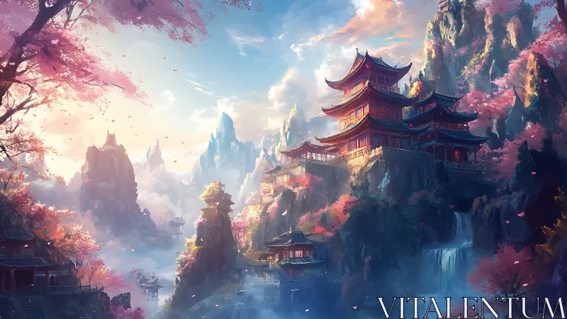 Layered mountain temples under volumetric light and cherry bloom