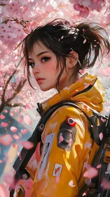 Girl in yellow jacket under pink cherry blossoms, side view.