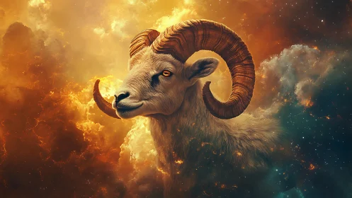 Celestial ram emerging from luminous cosmic nebulae.