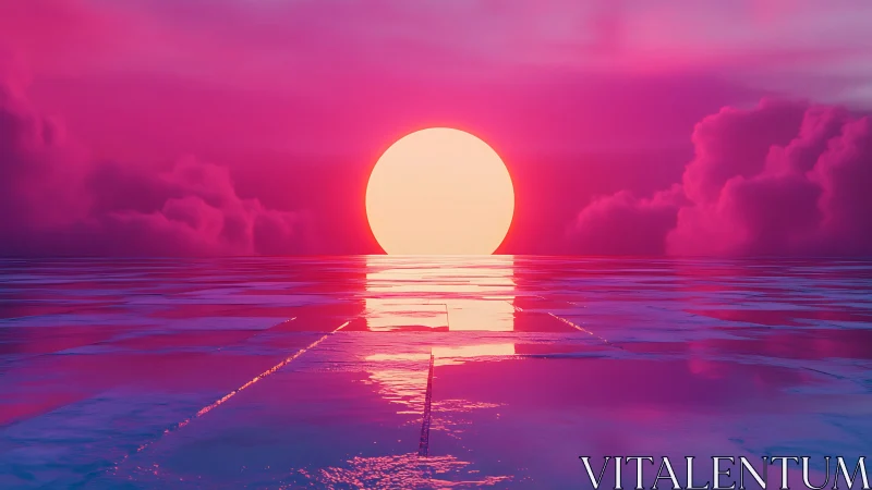 Neon horizon sun over reflective ocean tiles at dusk.