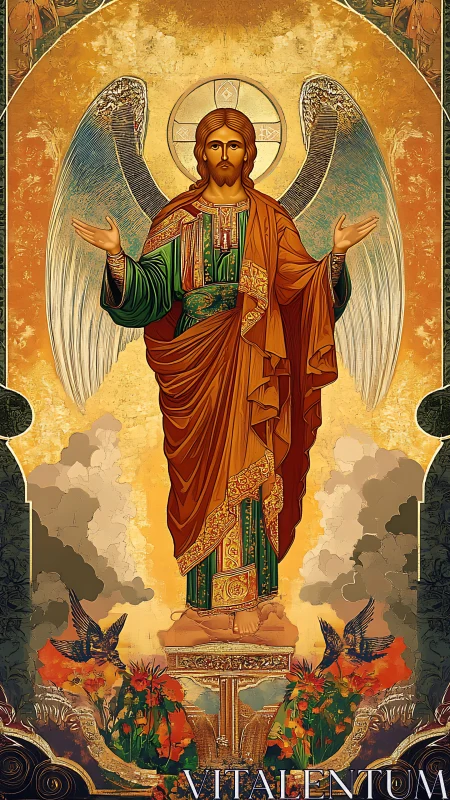 Iconic winged saint in radiant Byzantine-inspired robes.
