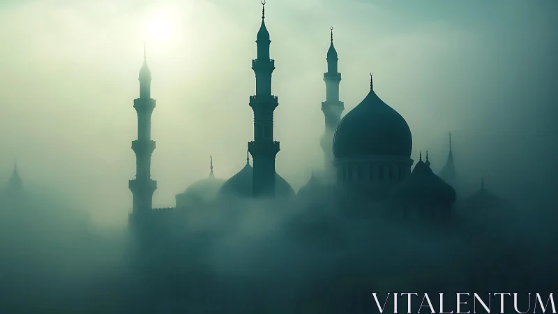 Fog-shrouded mosque silhouette rises through pale dawn light