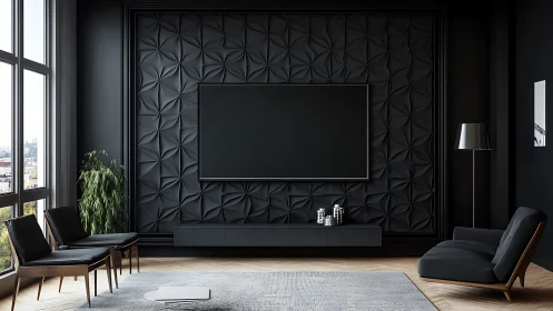 Monochrome media lounge with sculpted geometric wall paneling.