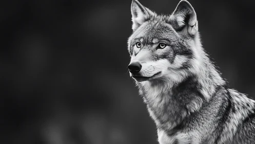 Grey wolf portrait in sharp monochrome wilderness study.