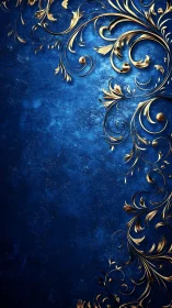 Ornate gold floral scrollwork curves over textured blue field
