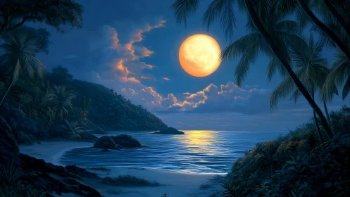 Full moon illuminates tropical shoreline and coastal foliage