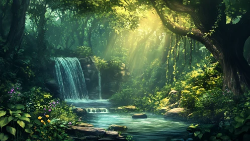 Enchanted Forest Waterfall with Ethereal Sunlight