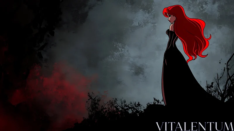 Contrasted anime silhouette in storm-scarred atmospheric void.