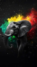 Majestic cosmic elephant glowing in bold color clouds.