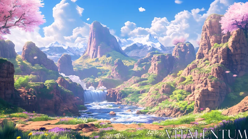 Digital landscape shows river, waterfall and rocky mountains