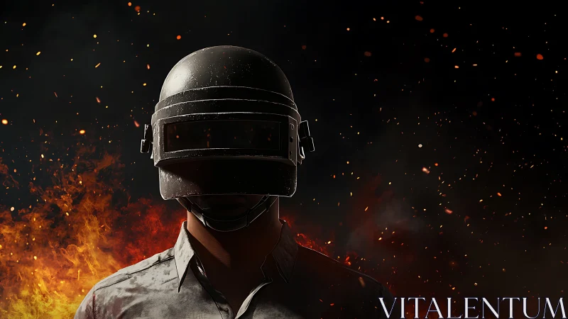 Armored soldier portrait against burning battlefield flames.