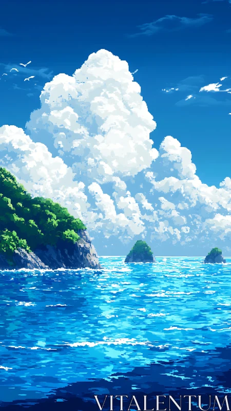 Endless blue ocean beneath towering summer clouds.