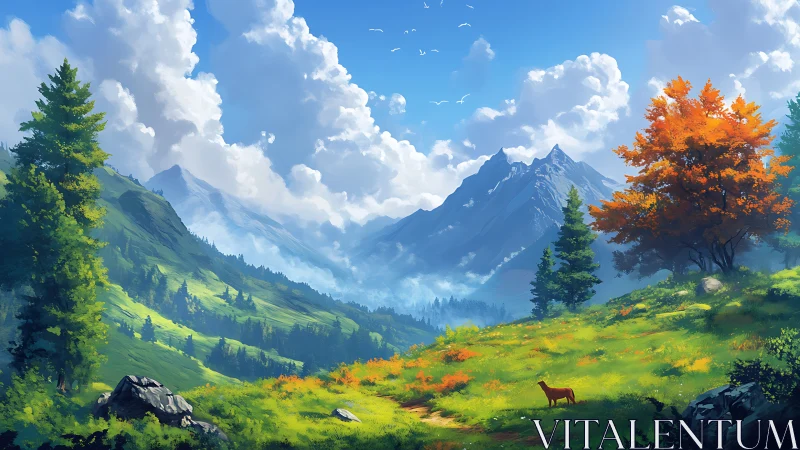 Sunlit alpine meadow under towering blue mountain peaks.