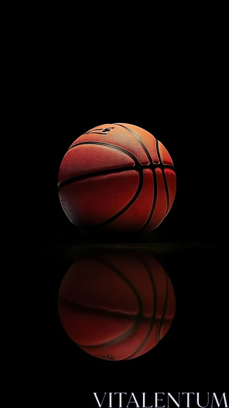 Basketball rests on reflective surface under controlled lighting