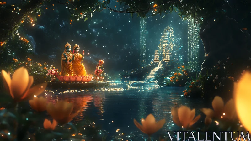 Divine figures sit on lotus above glowing forest river shrine