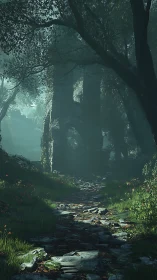 Mystical Forest Stream Glows with Enchanting Mist