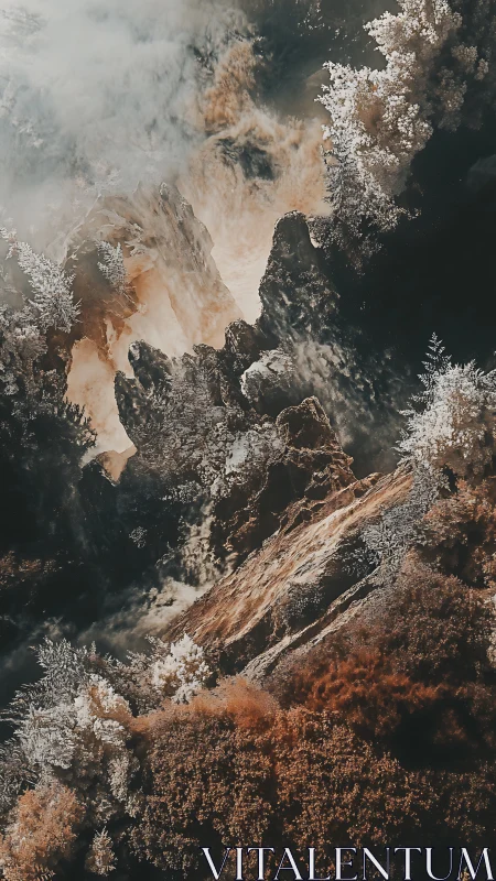 Infrared aerial canyon renders crystalline foliage and smoke
