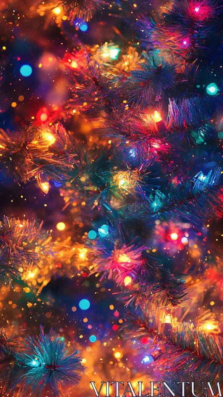 Vibrant Christmas tree lights on dense festive branches.