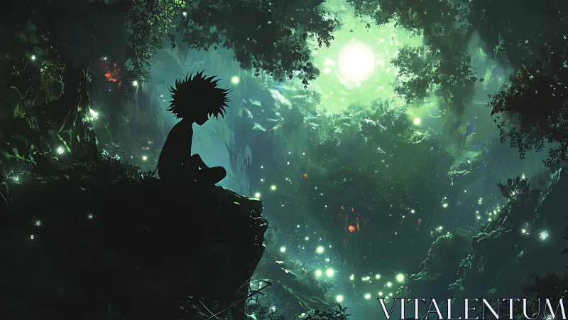 Silhouetted child observing bioluminescent forest canopy glow.