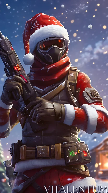Masked winter soldier in red tactical Santa outfit.