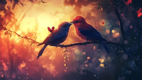 Two Cardinals Perched at Sunset. Golden Hour Avian Moment.