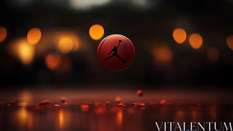 Red basketball suspended over court with blurred lights.