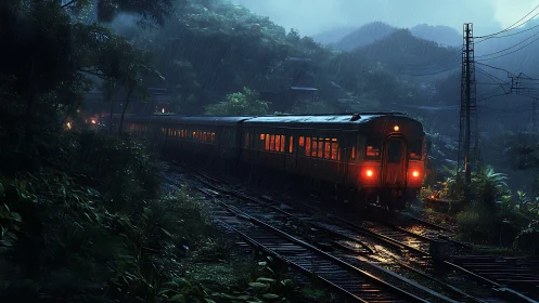 Rain-soaked jungle railway with illuminated night commuter train.