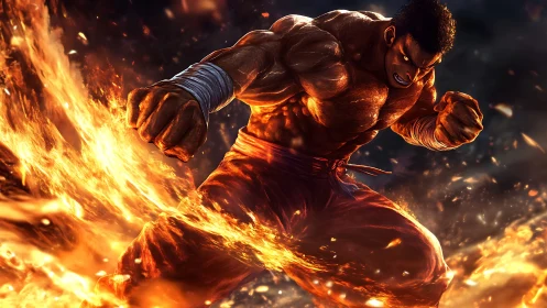 Flaming martial brawler unleashing explosive fiery power.