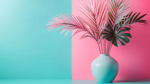 Modern pastel vase with tropical leaves on split color background.