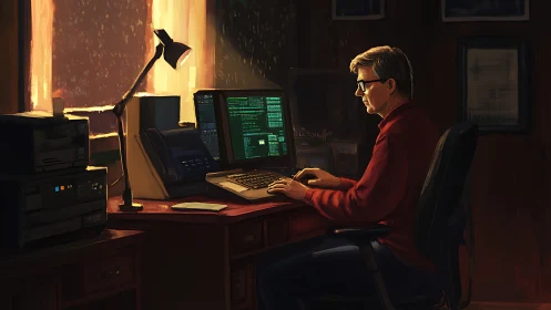 Evening coder enjoys a focused session in a cozy home office