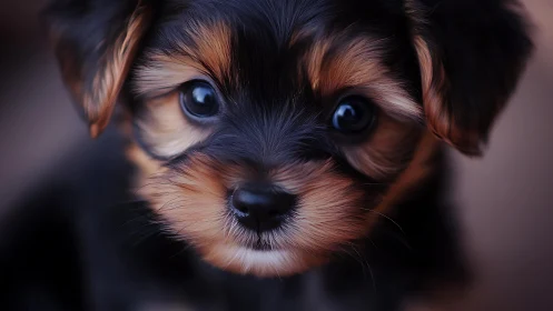 Close portrait of small black and tan puppy face.