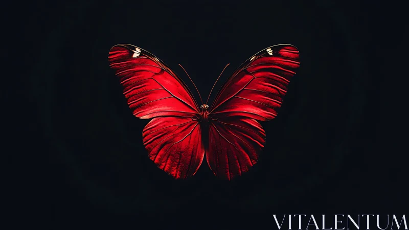 Red butterfly with spread wings on deep black background.