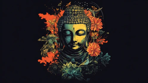 Serene golden Buddha head rests amid bright blooming flowers
