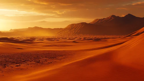 Sunlit desert dunes under glowing orange sky at sunset.